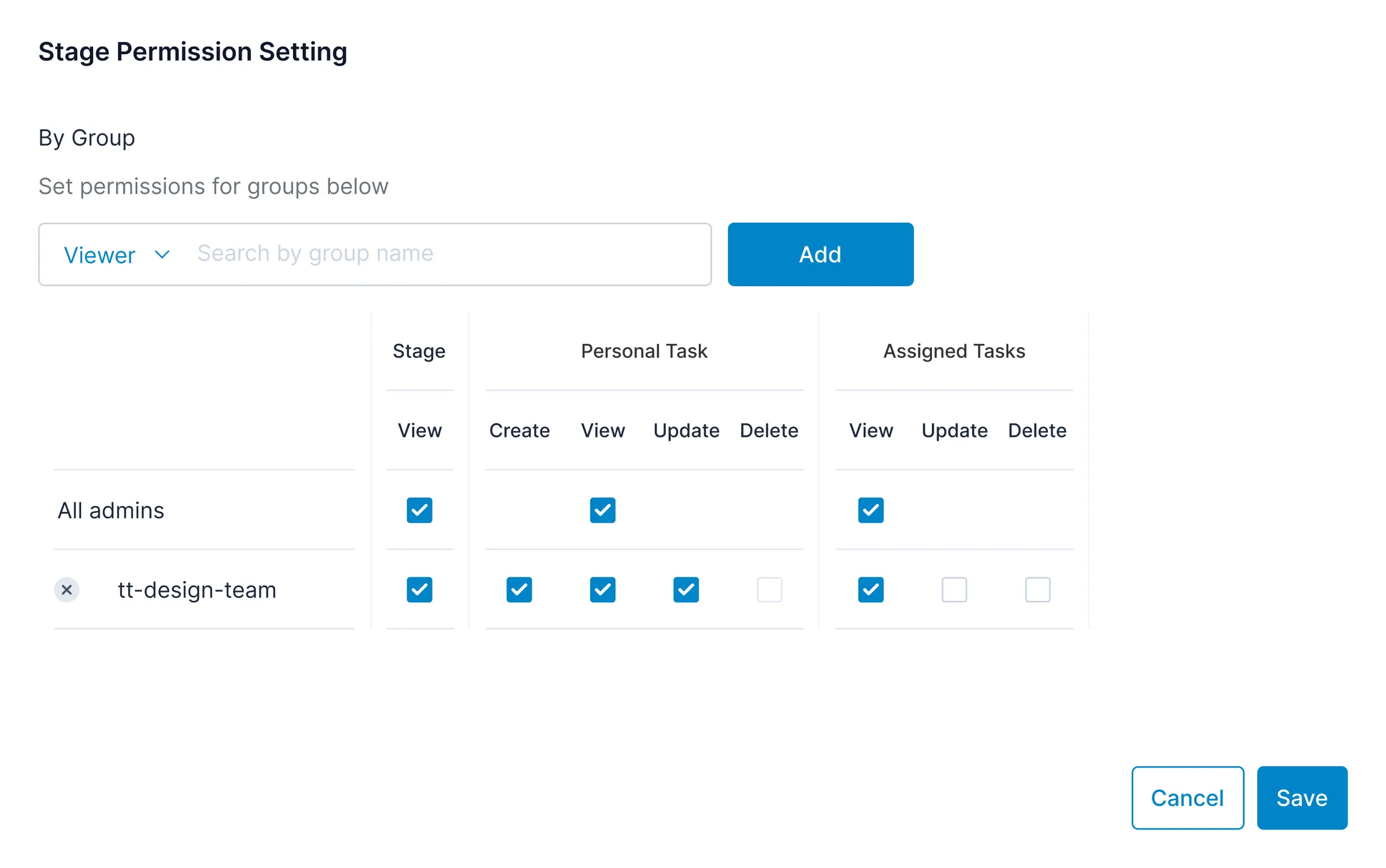 View stage permission settings by groups and assign specific permissions for each project stage to different members in Klever Suite' settings