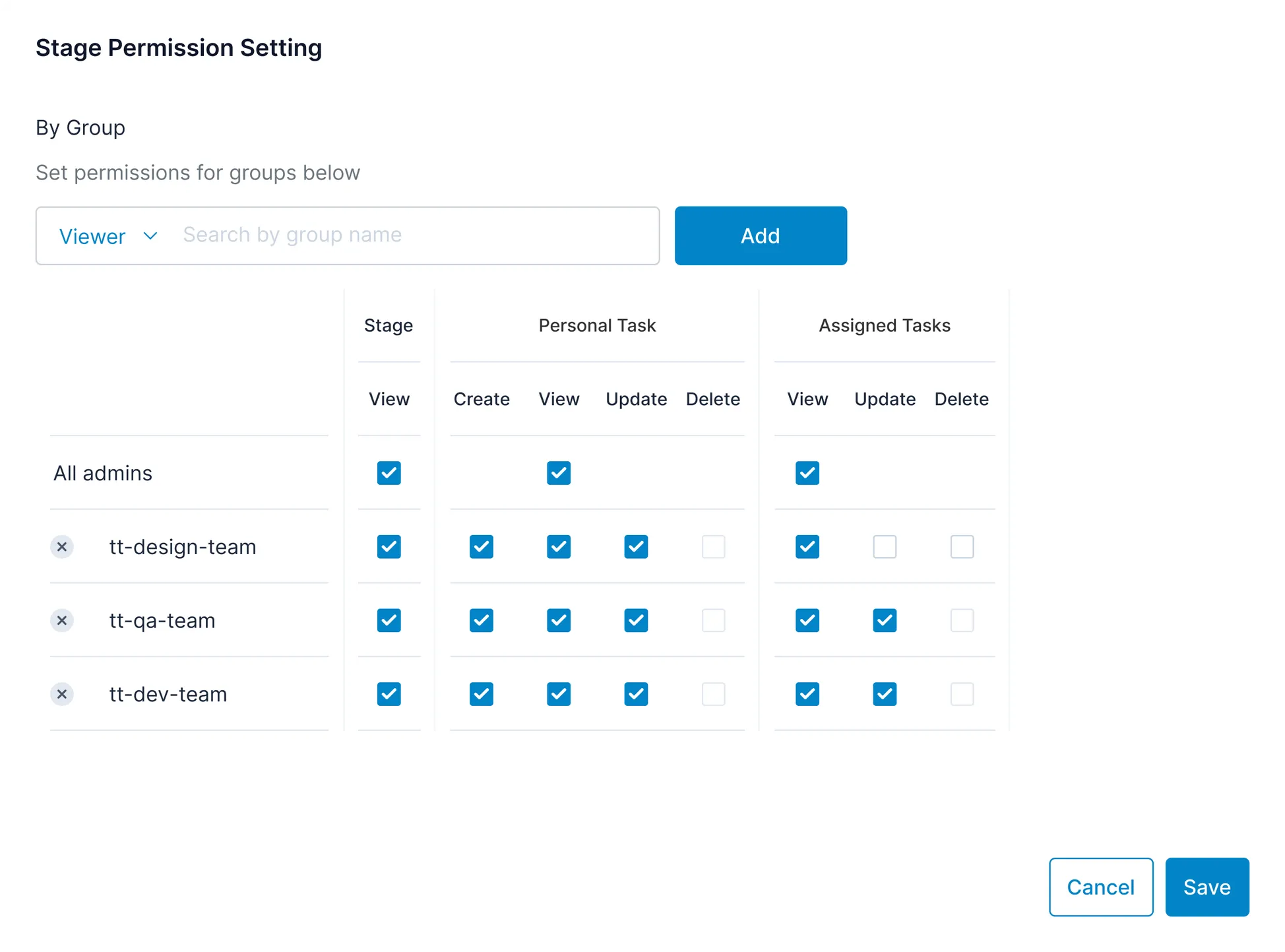 View stage permission settings by groups and assign specific permissions for each project stage to different members in Klever Suite' settings