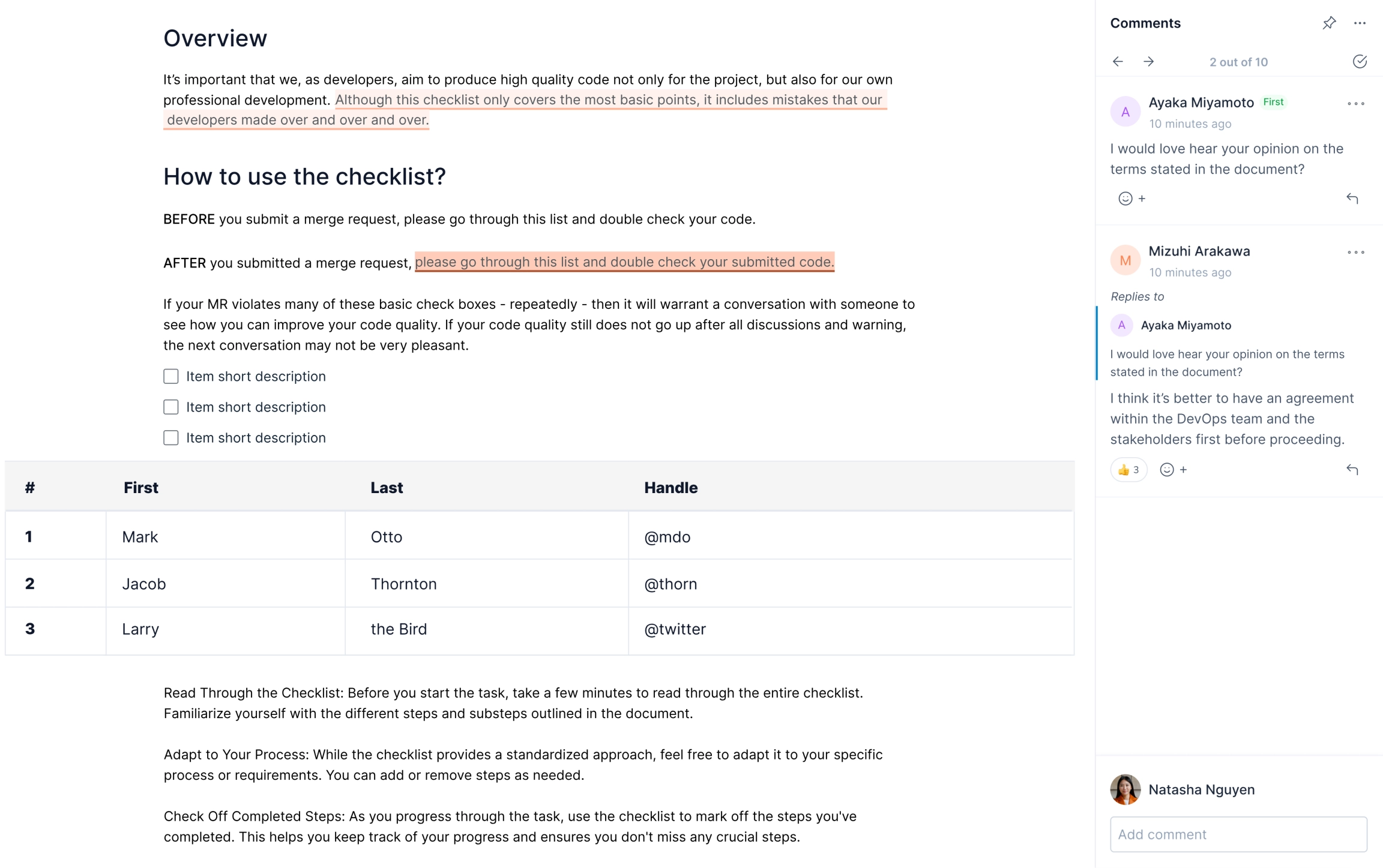 Add and review your comments on the right sidebar in Klever Wiki