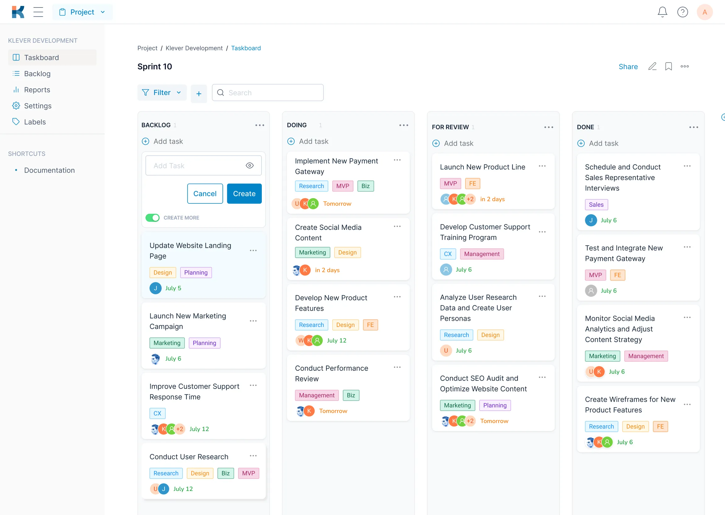 Klever project taskboard