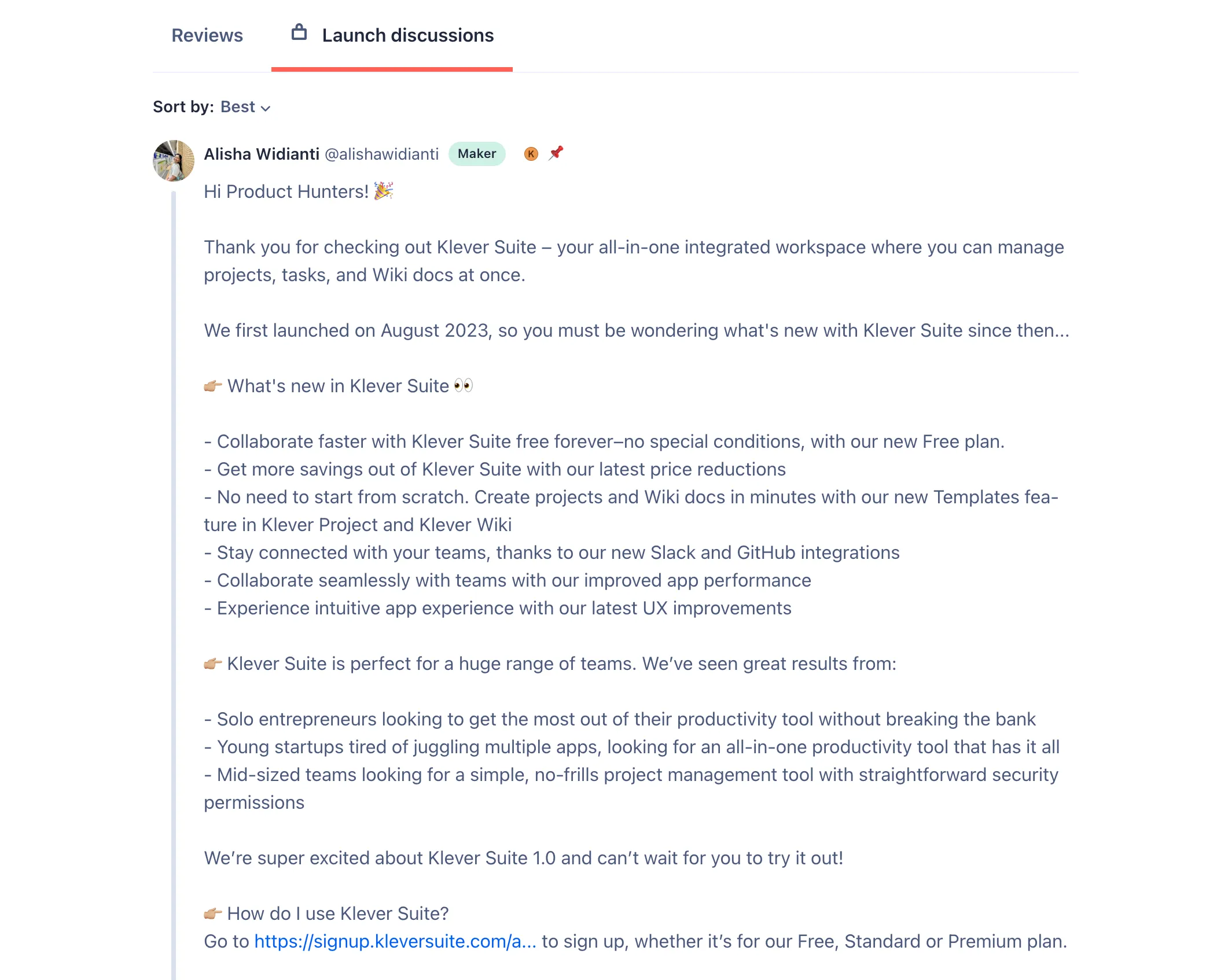 Here's what your first comment on your Product Hunt launch page should look like